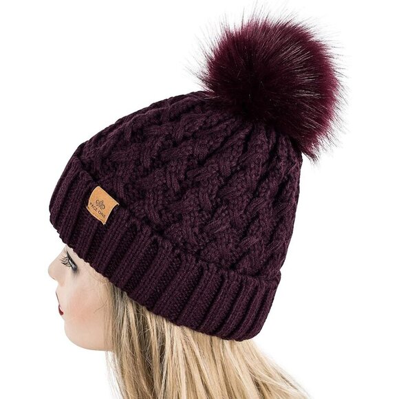 Women’s Purple Winter Ribbed Beanie Hat Chunky Cable Knit Pompom Warm main image 4